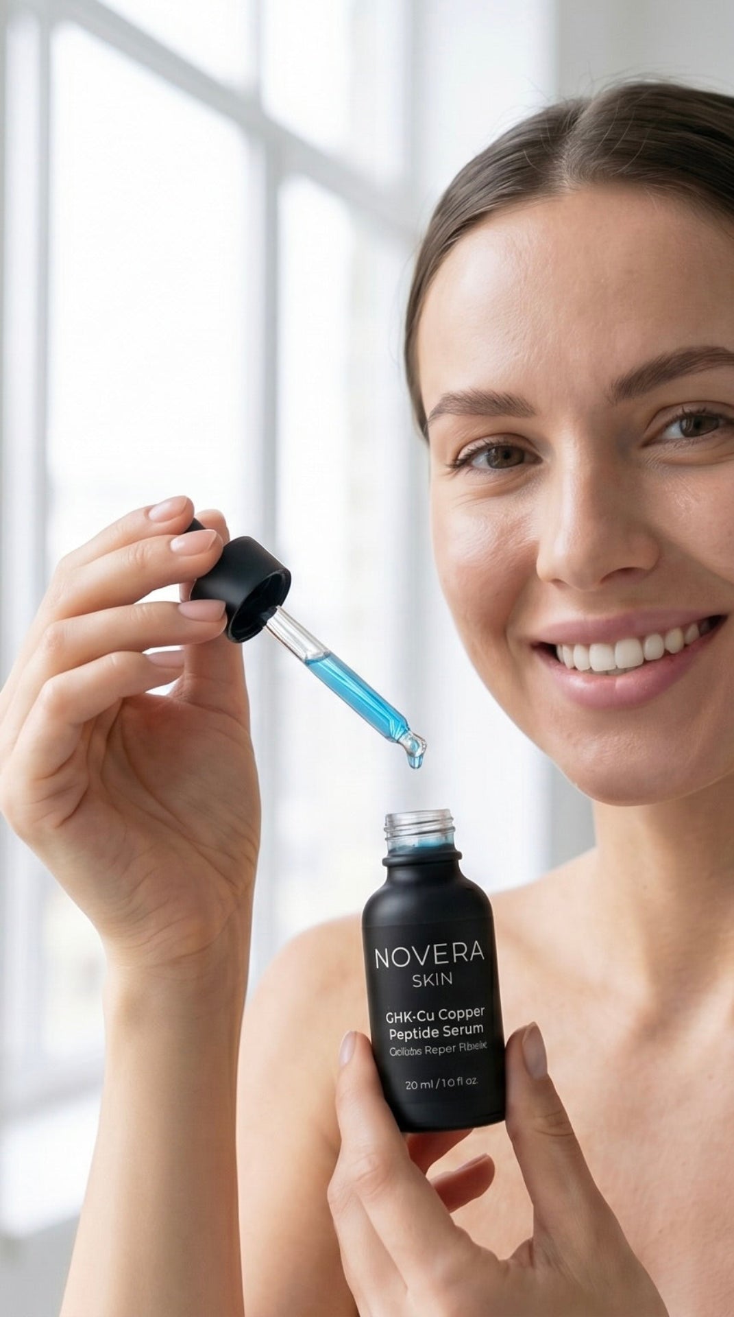 Prompt:Transform this image into a perfect 9:16 aspect ratio ($1080 \times 1920$ px) for a mobile Shopify store.Core Instruction: Ensure the entire subject (the woman's face, her hand, and the NOVERA bottle with the blue droplet) is perfectly centered and remains within the "Mobile Safe Zone" (the middle 70% of the canvas).Composition: Do not crop the top of her hair or the bottom of her hand. Add more "breathable" space (background extension) at the top and bottom of the image to allow for mobile UI elemen
